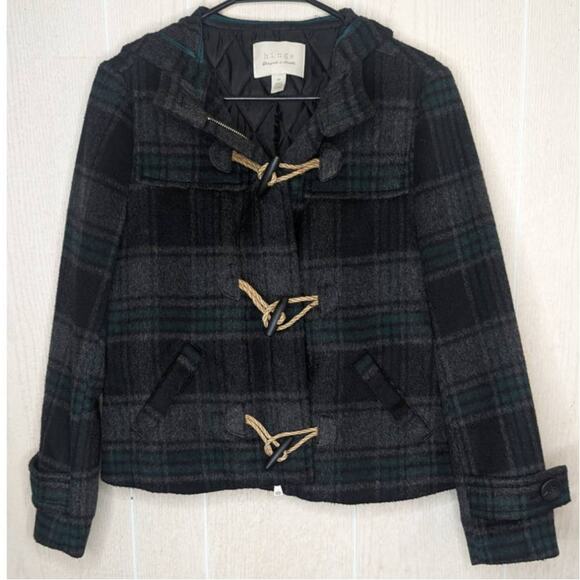 Hinge Wool Blend hooded jacket black green Tartan Plaid xsmall - Picture 5 of 13